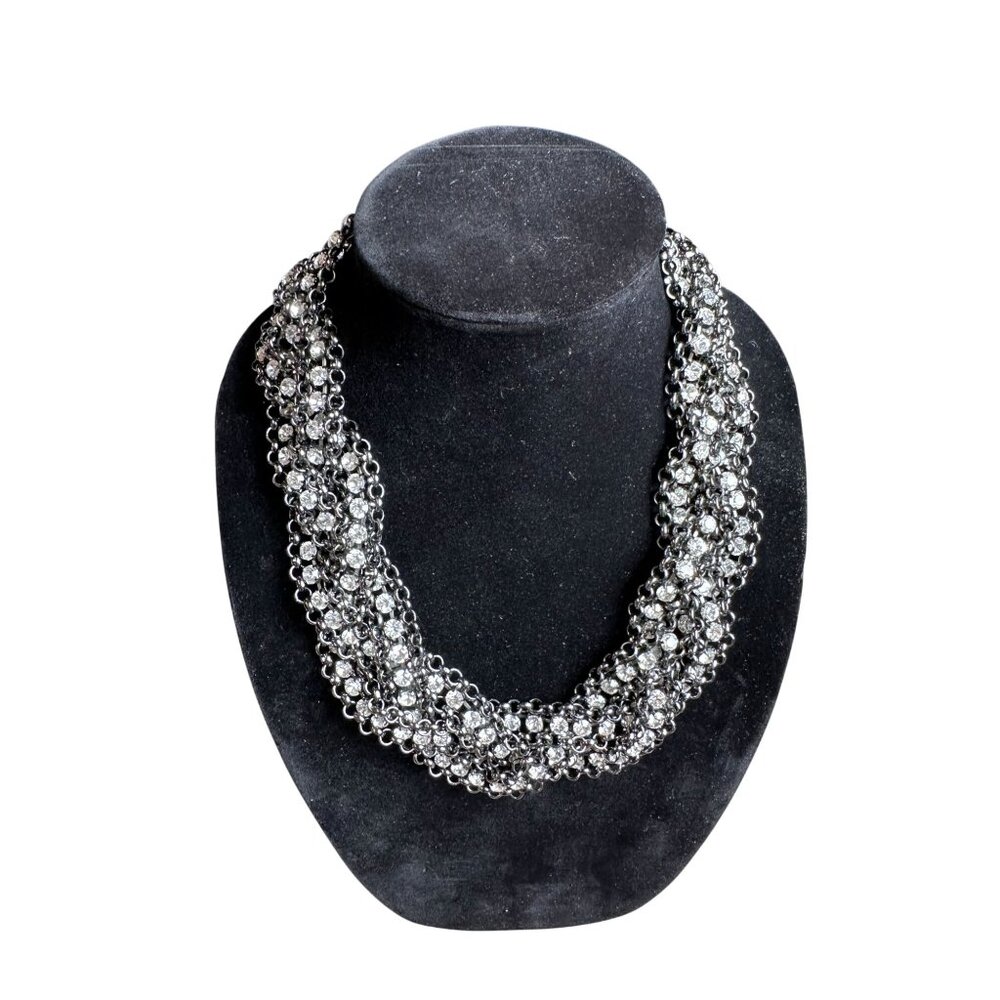 Vintage Black Metal Braid Chain Collar Necklace With Rhinestones 21" Long